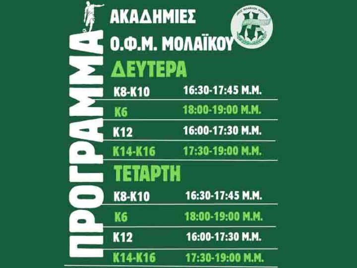 Οι εγγραφές συνεχίζονται στις Ακαδημίες του Μολαϊκού